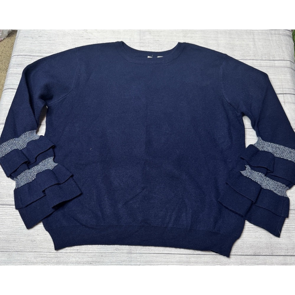 Moth Anthropologie Navy Silver Metallic Ruffle Sleeve Sweater Medium - Picture 1 of 6